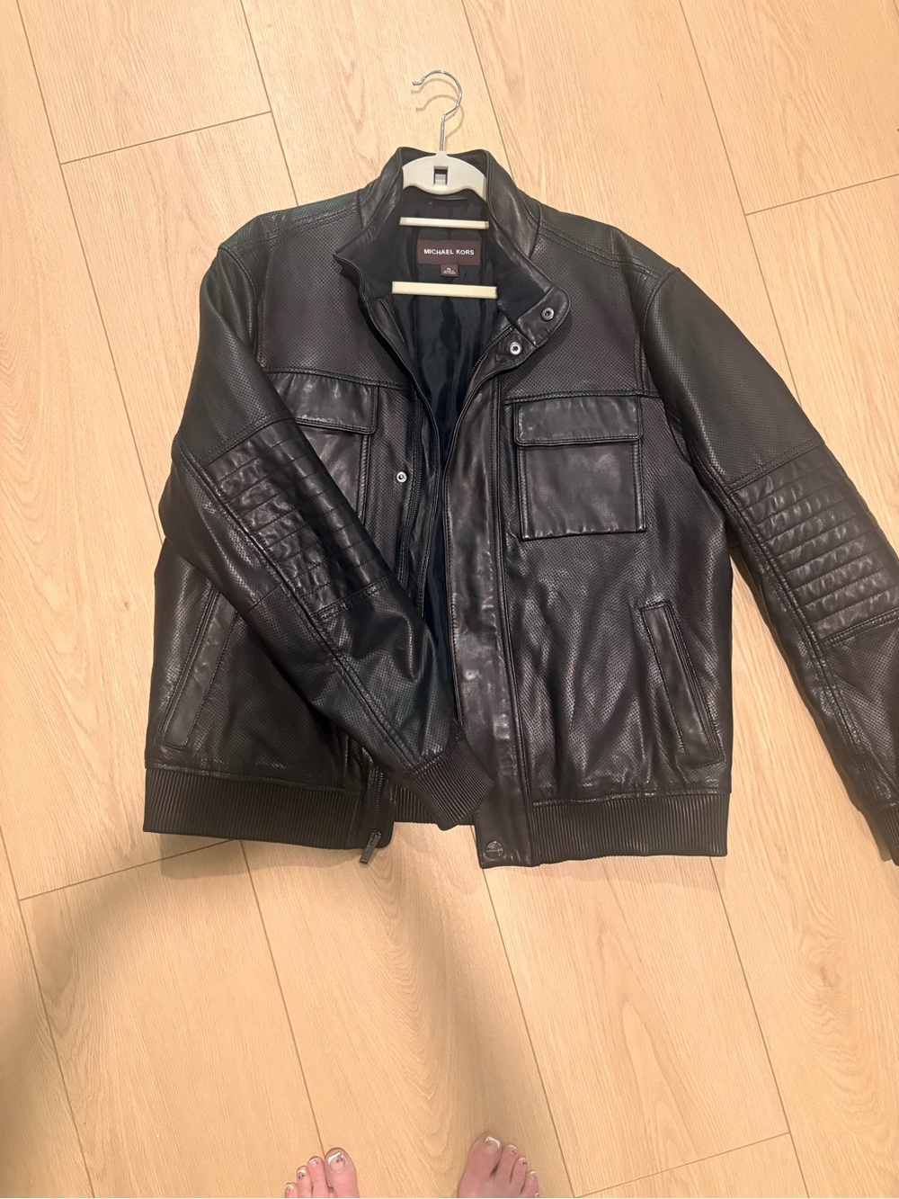 Michael Kors Perforated Moto Jacket with Leather Rib Trim